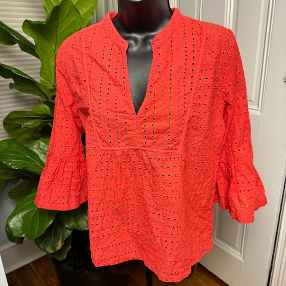 Jennifer & Grace Tops - 11. Coral Eyelet Blouse with 3/4 Ruffle Sleeves